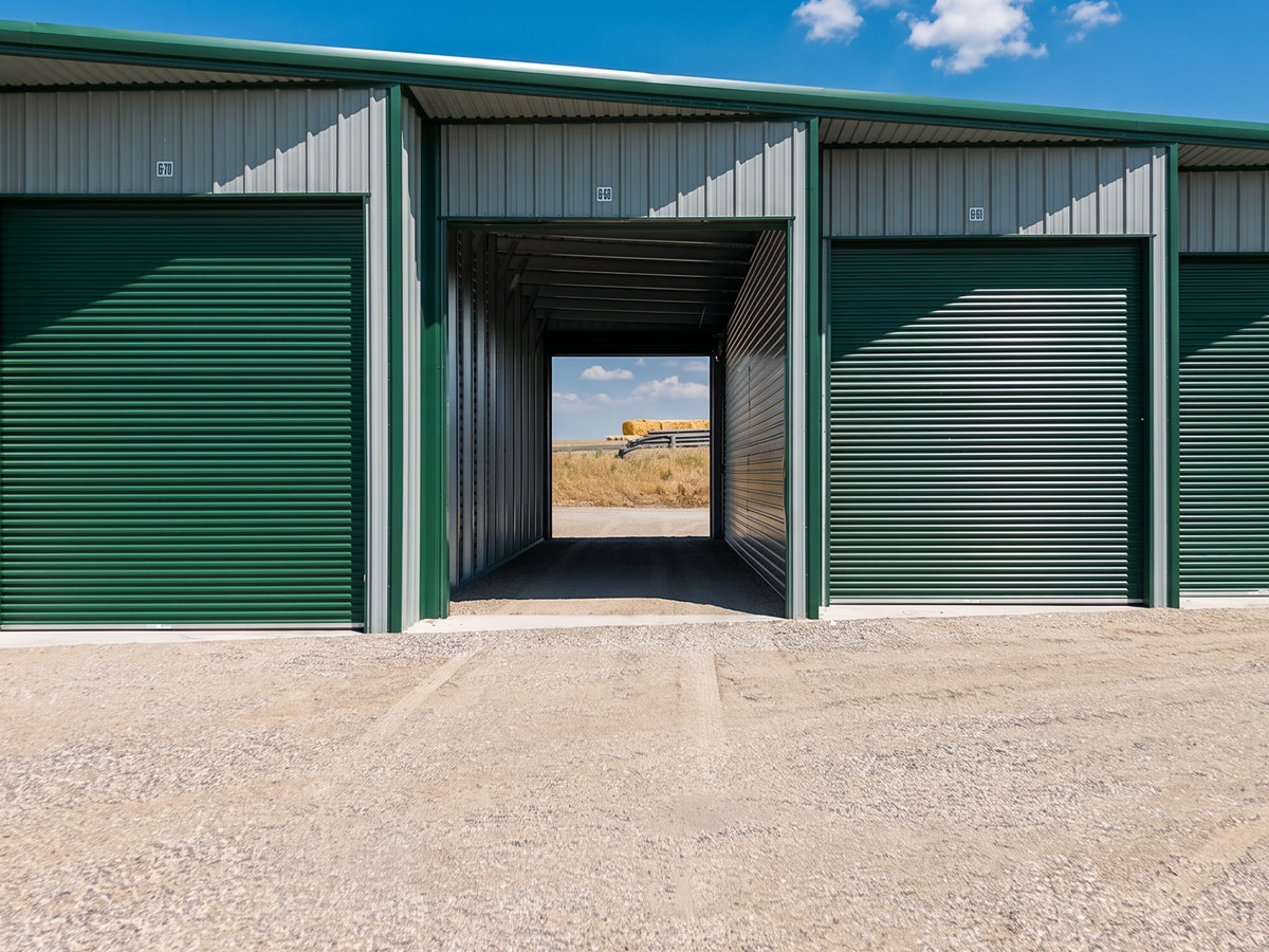 Pull-through RV bay at 3L Storage in Shelley, Idaho with the doors open at both ends